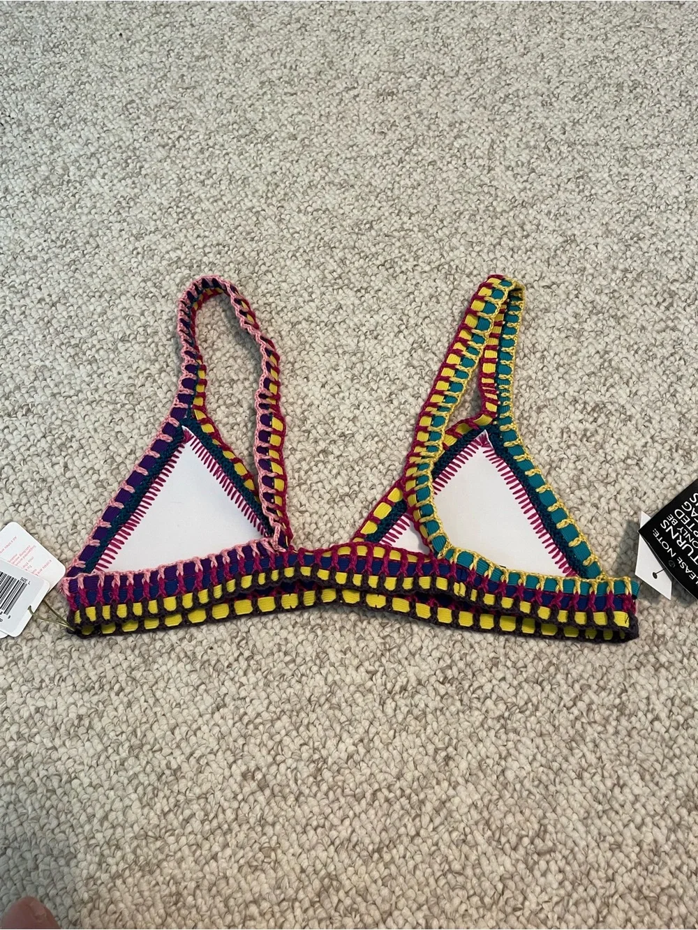 NWT KIINI Yaz White Triangle Bikini Top with Multicolor Crochet Trim Large